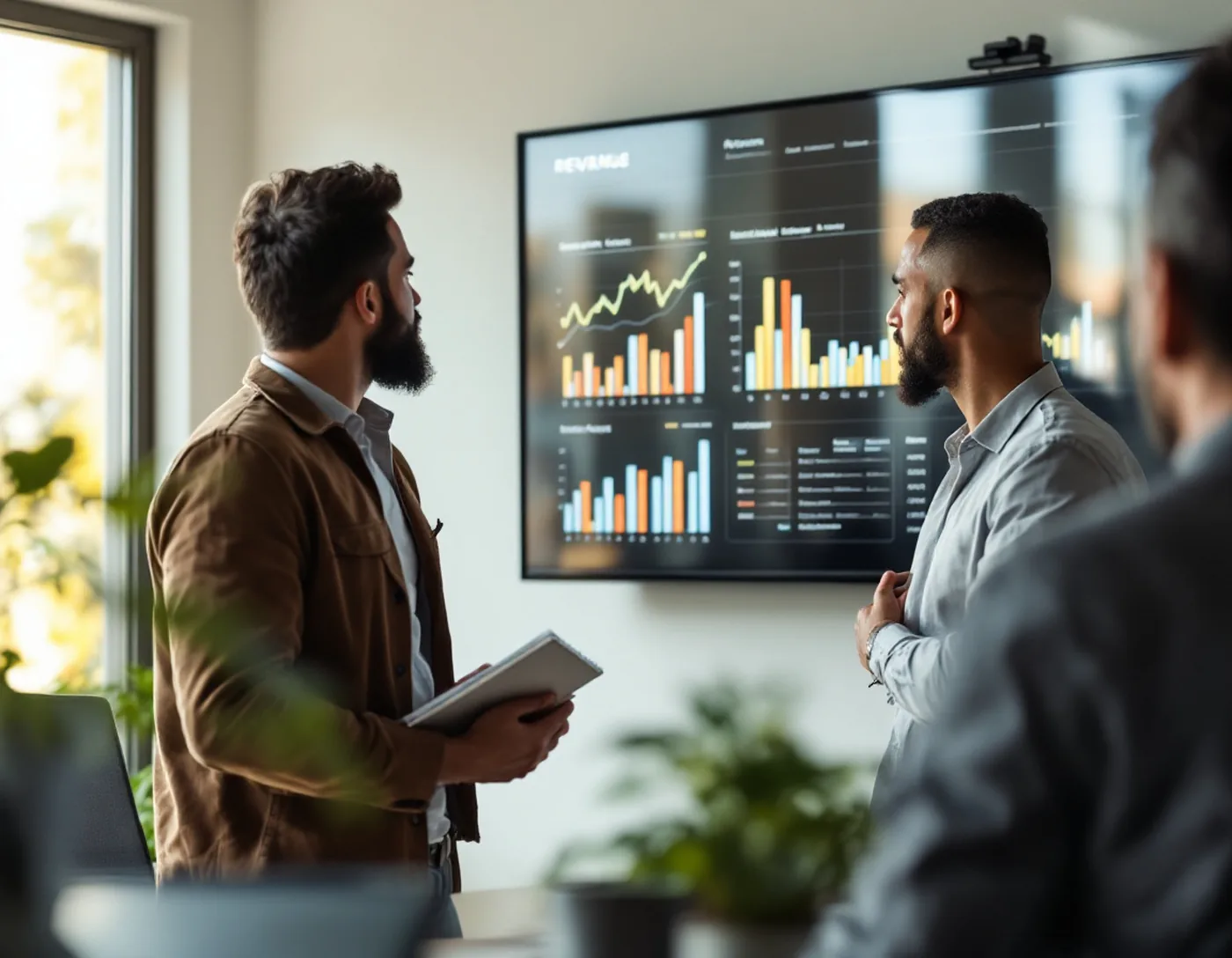 Duas pessoas analisando gráficos de receita numa tela grande