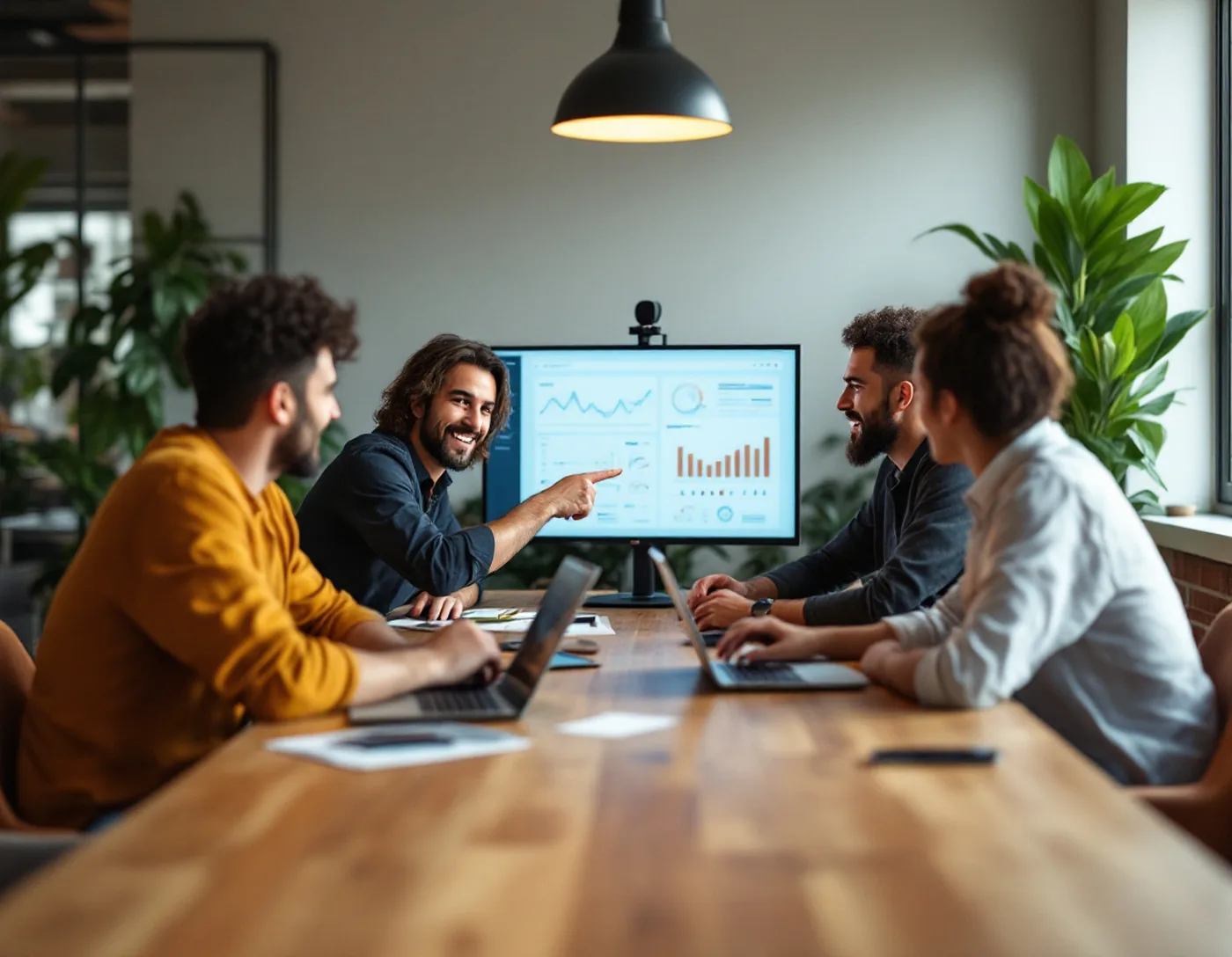 Time de produto discutindo uma tela com indicadores